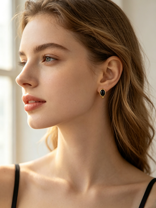 Black Onyx Huggie Hoop Earrings | Daily Protection Energy & Minimalist Small Oval Gemstone Earrings