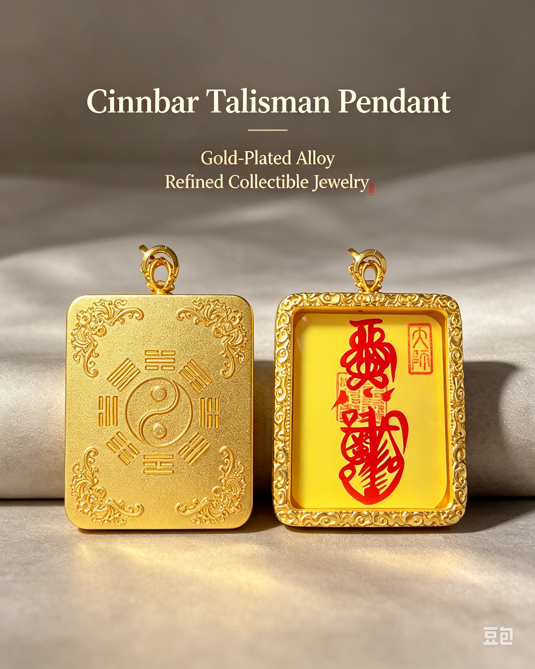 Cinnabar Talisman Pendant showing Eight Trigrams front and cinnabar script reverse, gold-plated alloy