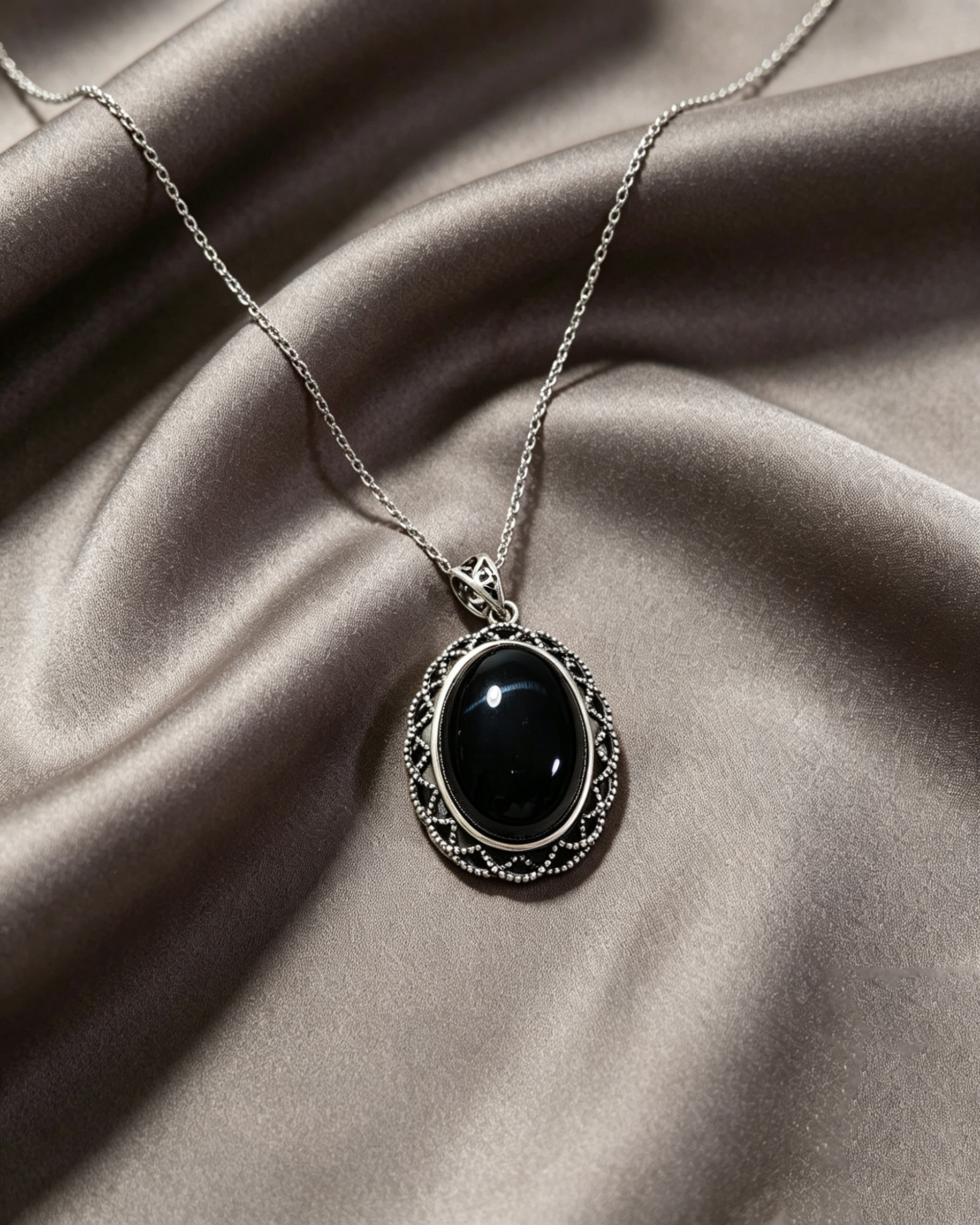 Black Onyx Protection Necklace for Women | Energy Shield & Grounding Vintage Filigree Pendant